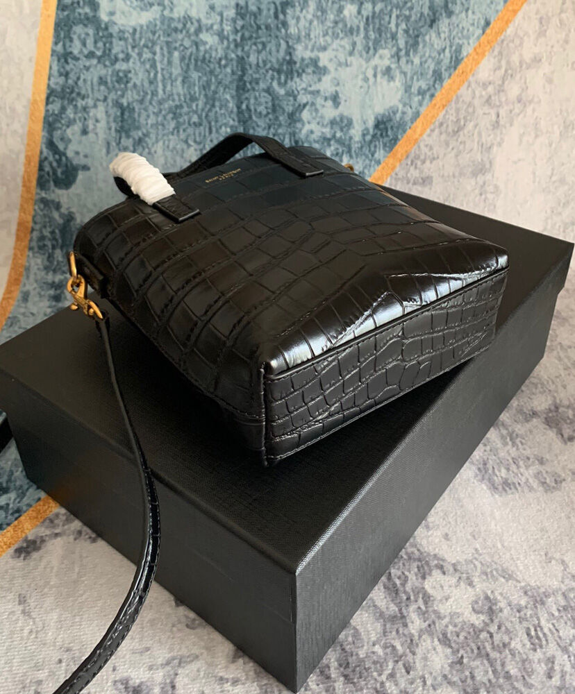 Saint Laurent Paris Mini Toy Shopping In Crocodile-Embossed Leather Black