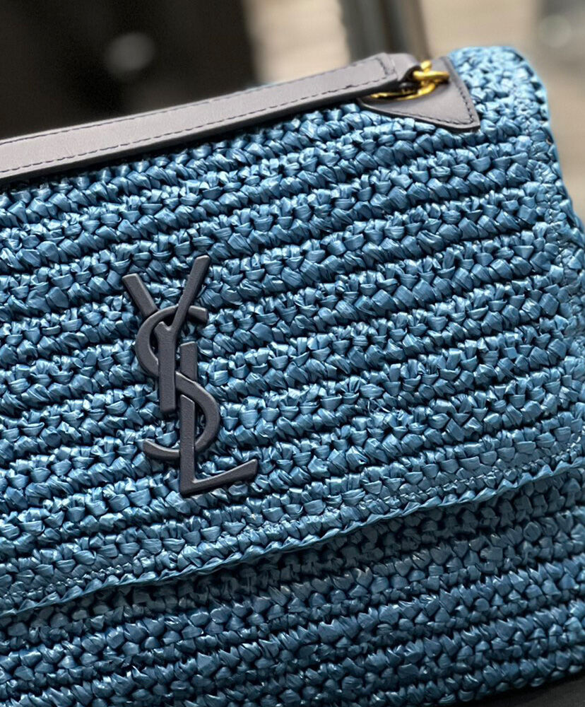 Saint Laurent Niki Medium Chain Bag In Raffia And Leather Blue