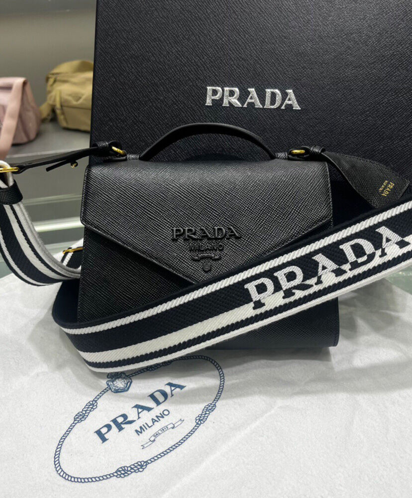 Prada Monochrome Saffiano And Leather Bag Black