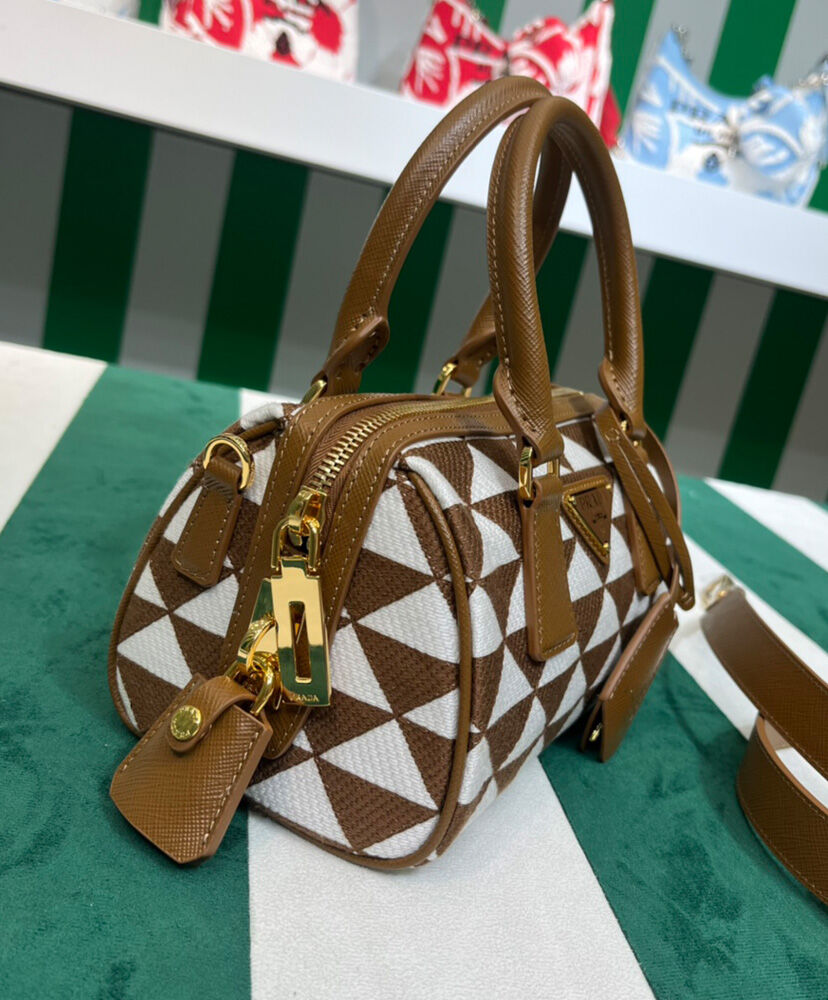 Prada Symbole Embroidered Jacquard Fabric Top-handle Bag Coffee