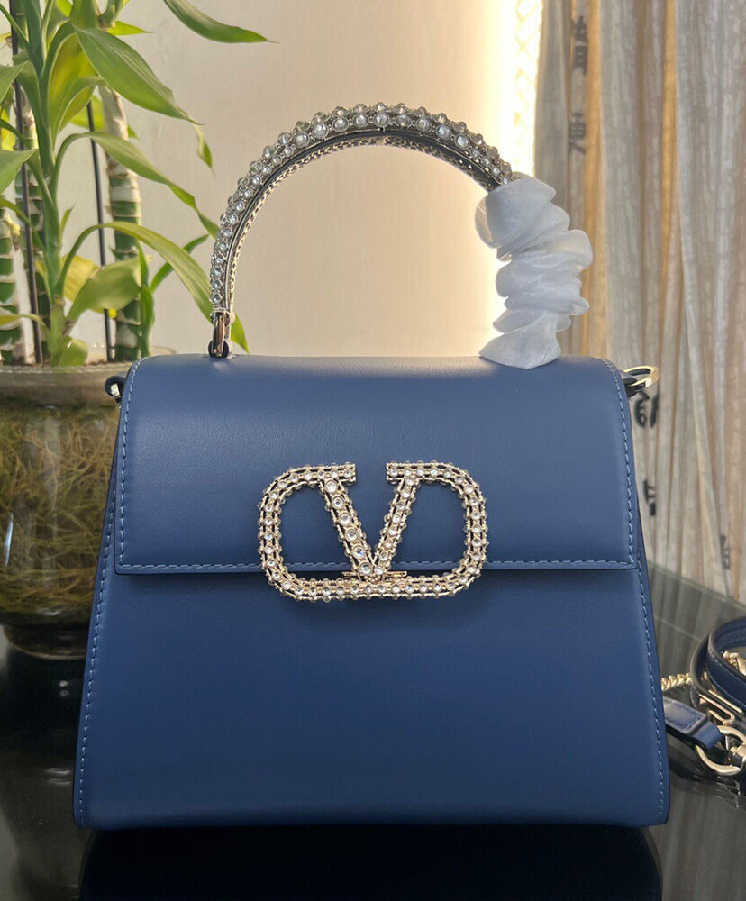 Valentino Small Vsling Calfskin Handbag With Jewel Handle Blue