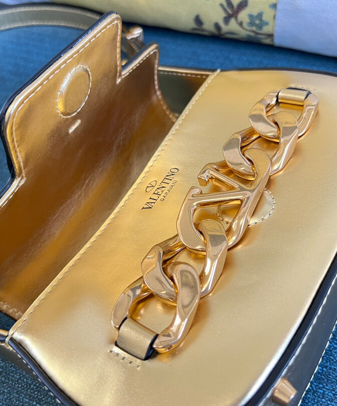 Valentino Vlogo Chain Small Laminated Nappa Shoulder Bag Golden