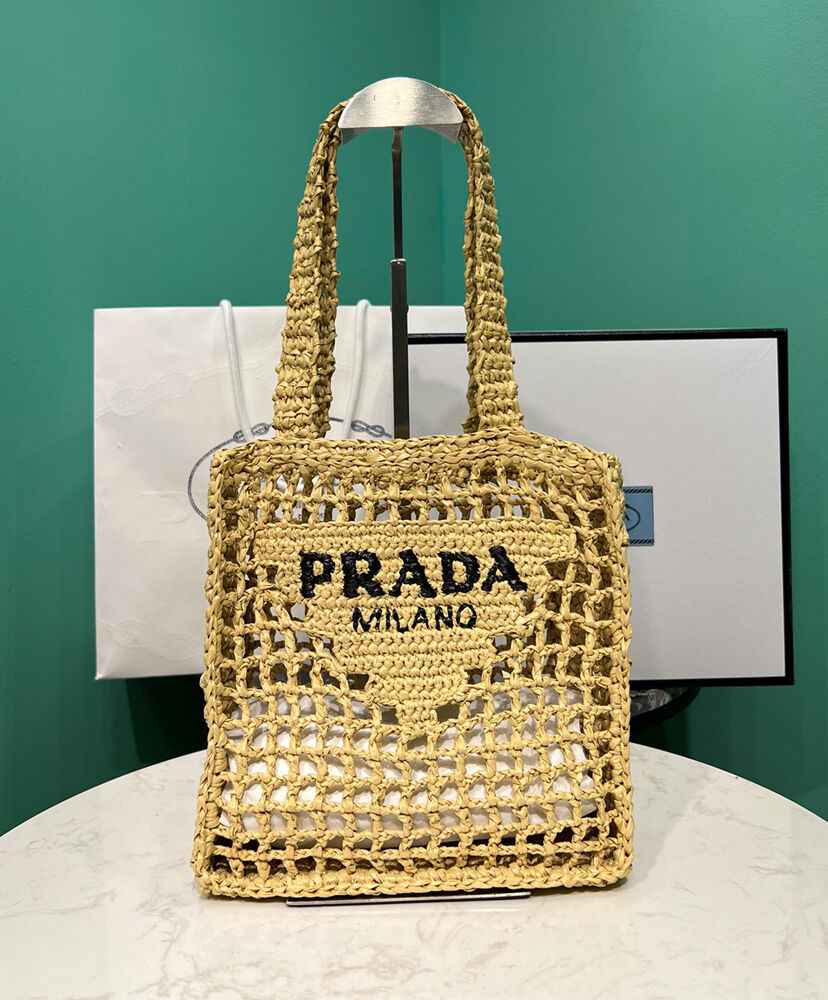Prada Small Raffia Tote 1BG444 Apricot