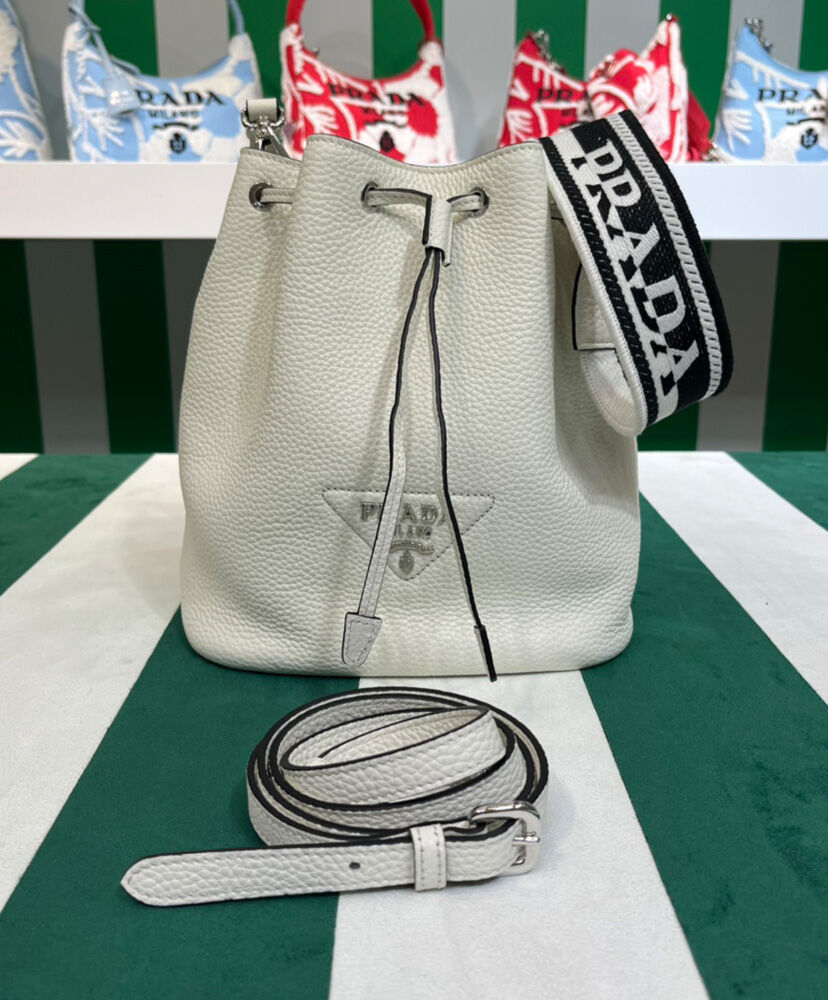 Prada Leather Bucket Bag 1BE060 Cream