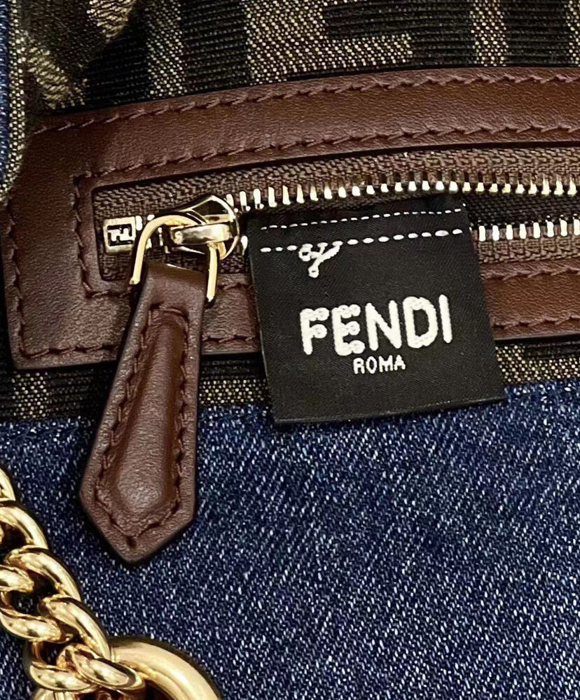 Fendi Baguette Chain Midi Denim Bag 8BR793 Blue