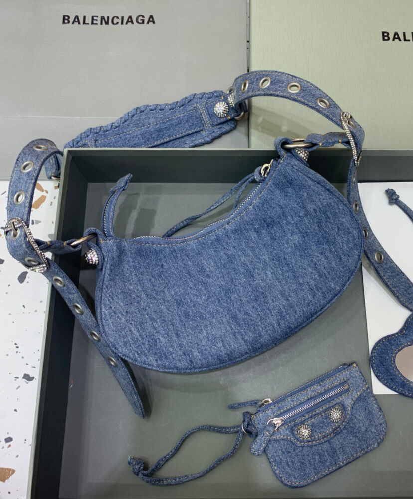 Balenciaga Le Cagole Shoulder Bag In Denim With Rhinestone Blue
