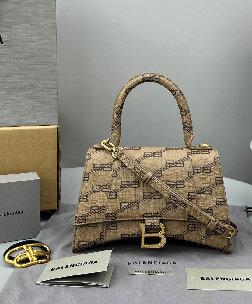 Balenciaga Hourglass Small Handbag BB Monogram Coated Canvas Apricot
