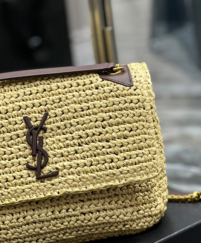 Saint Laurent Niki Medium Chain Bag In Raffia And Leather Apricot