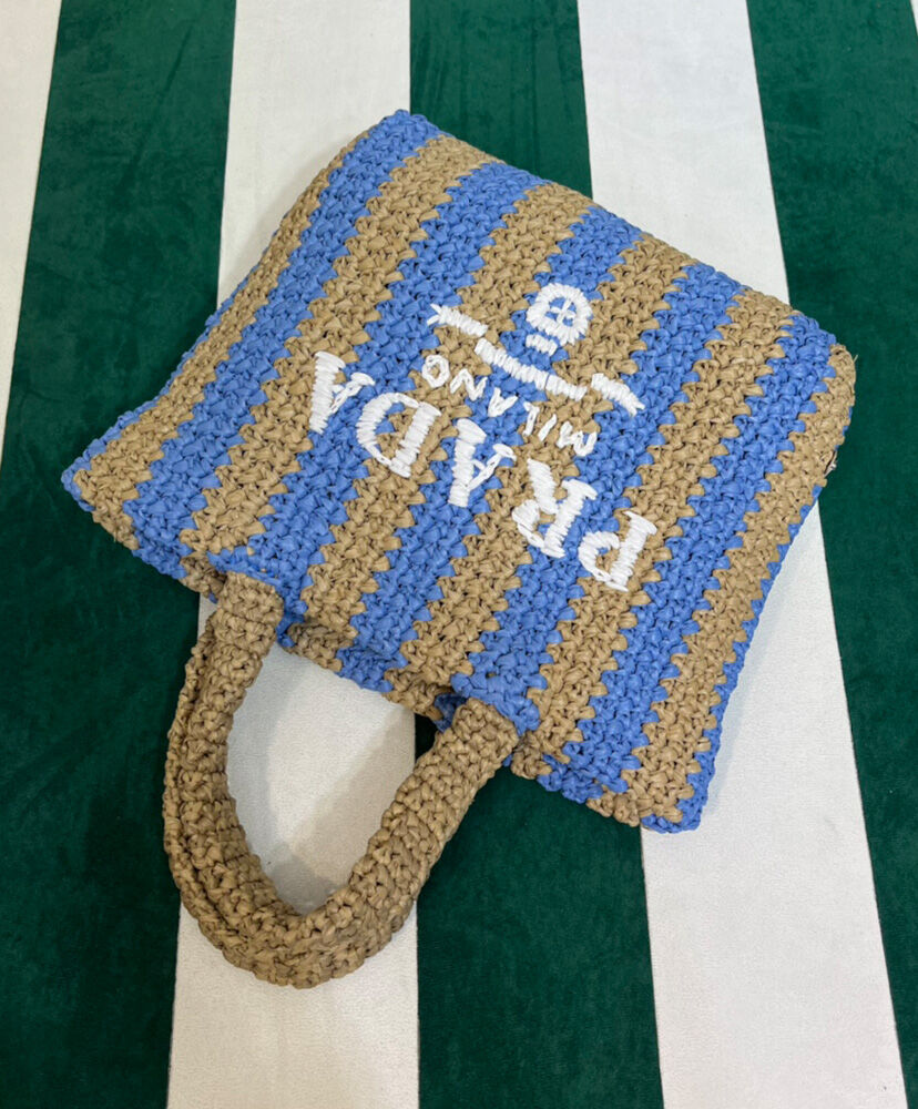 Prada Small Raffia Tote Bag Blue