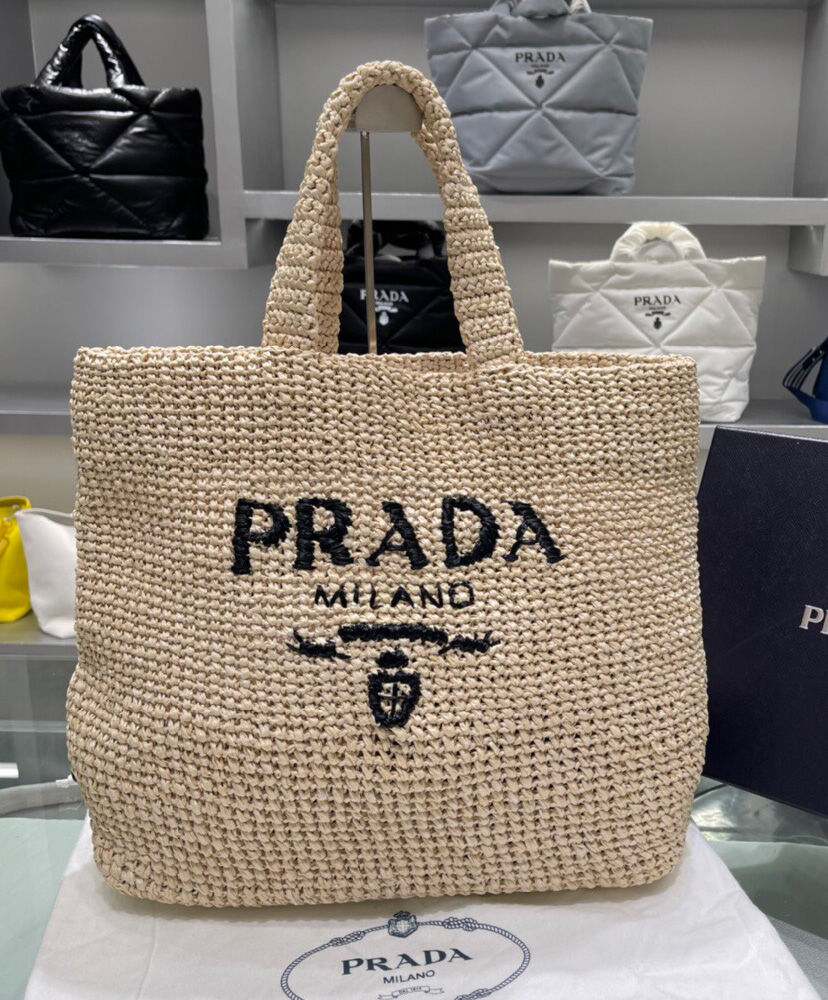 Prada Raffia Tote Bag Apricot