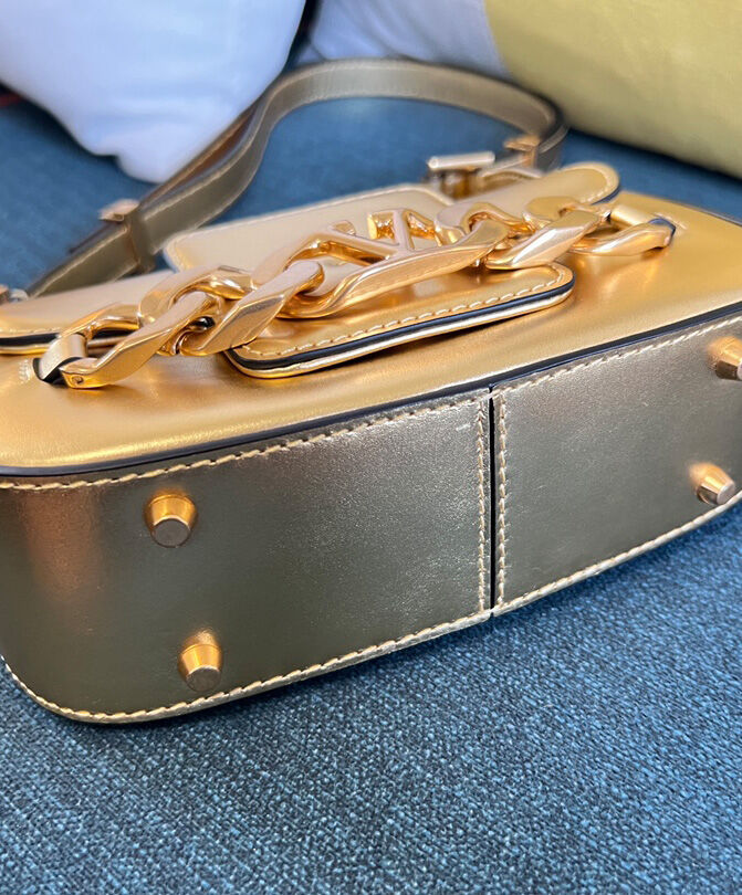 Valentino Vlogo Chain Small Laminated Nappa Shoulder Bag Golden