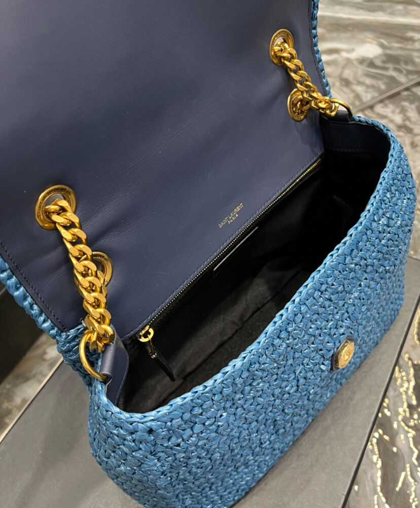 Saint Laurent Niki Medium Chain Bag In Raffia And Leather Blue