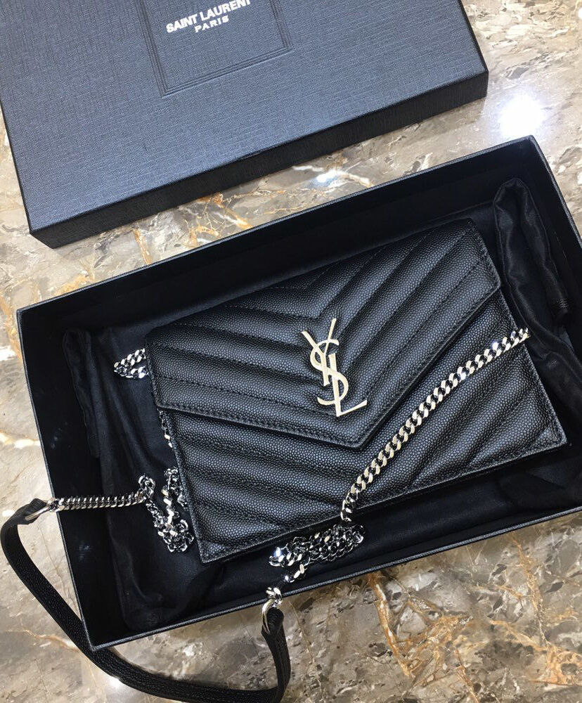 Saint Laurent Envelope Chain Wallet In Grain De Poudre Embossed Leather Black