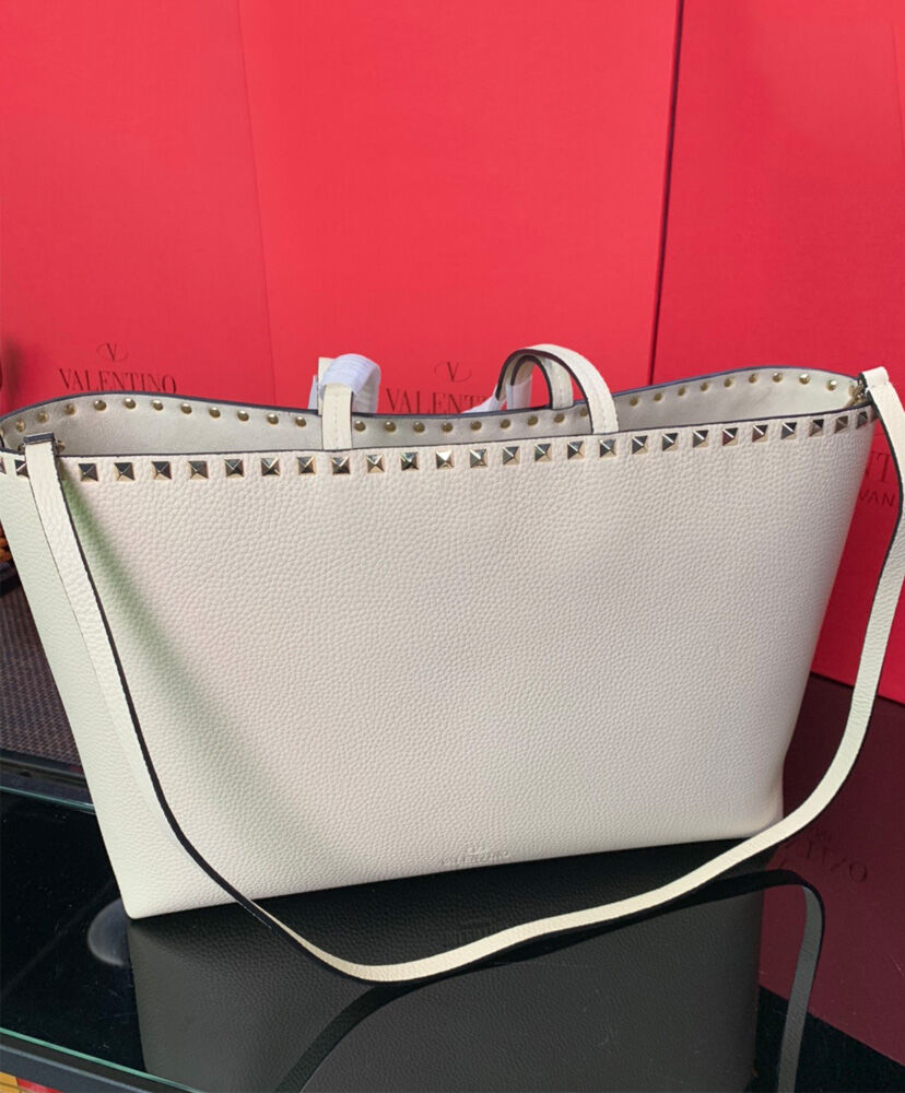 Valentino Large Calfskin Leather Rockstud Shopping Bag Cream