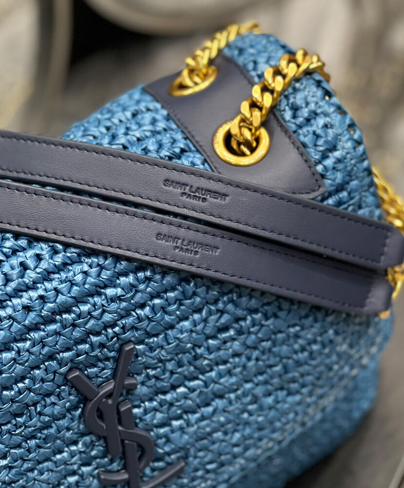 Saint Laurent Niki Medium Chain Bag In Raffia And Leather Blue