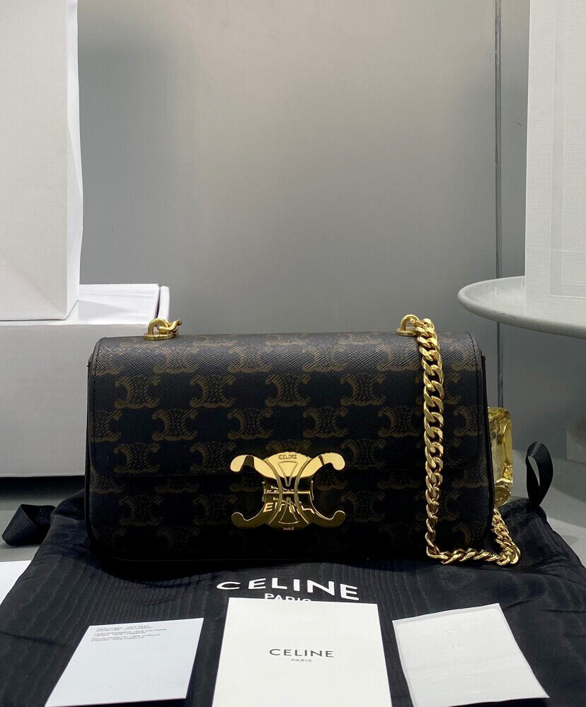 Celine Chain Shoulder Bag Triomphe In Triomphe Canvas Coffee