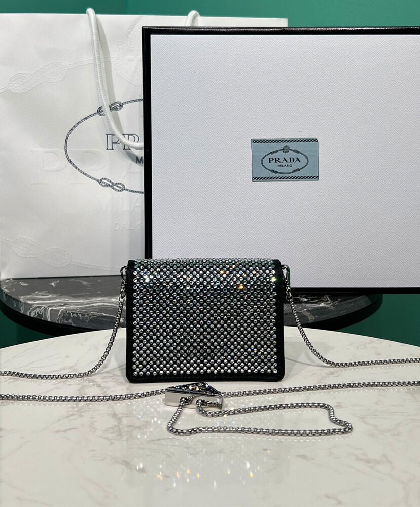 Prada Cardholder With Shoulder Strap And Crystals Black