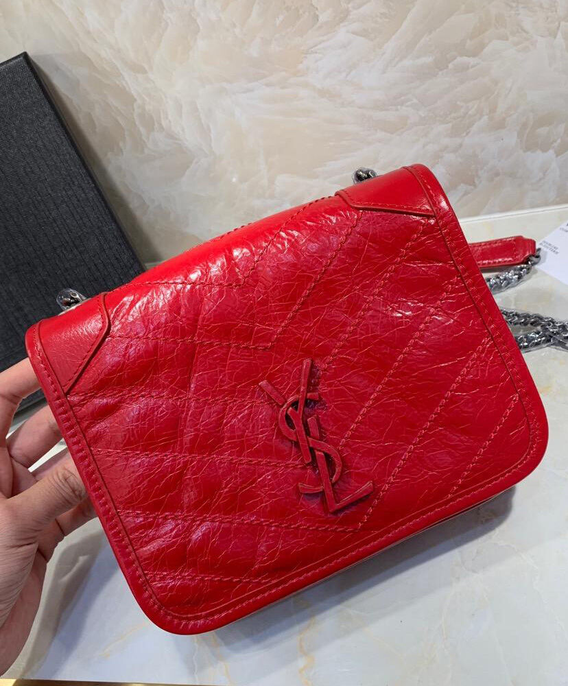 Saint Laurent Niki Chain Wallet In Crinkled Vintage Leather Red