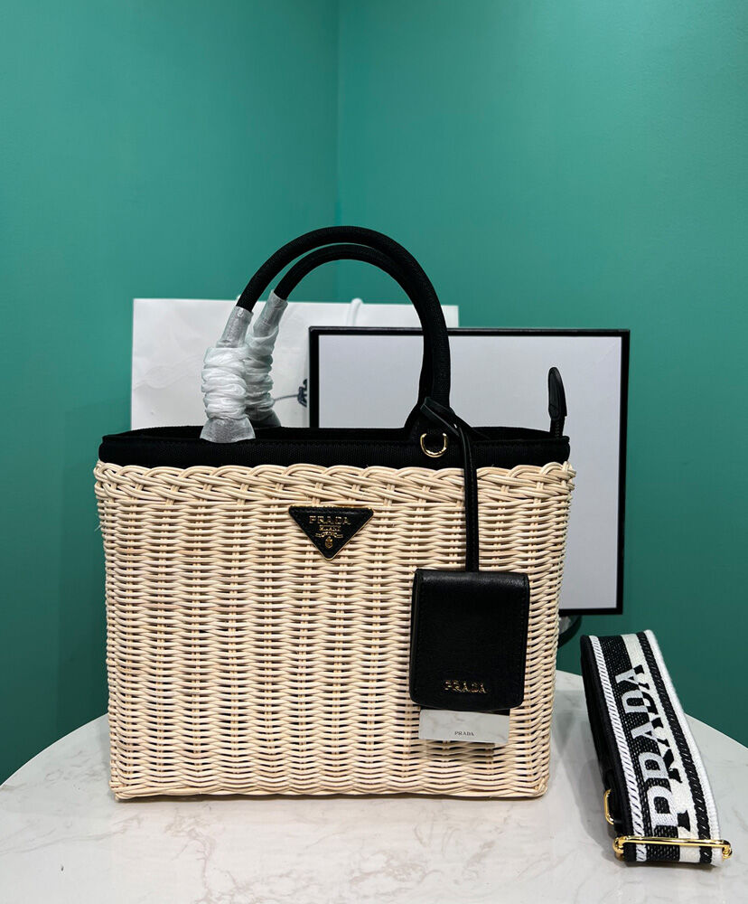 Prada Wicker And Canvas Tote 1BG835 Black