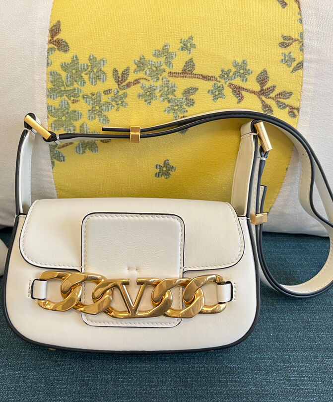 Valentino Vlogo Chain Small Laminated Nappa Shoulder Bag White