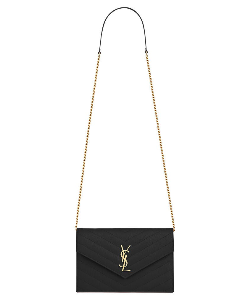 Saint Laurent Envelope Chain Wallet In Grain De Poudre Embossed Leather Black