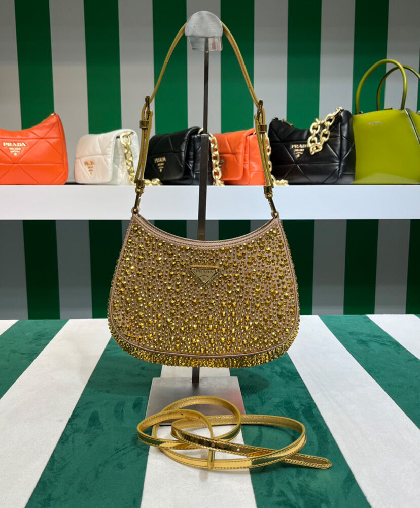 Prada Cleo Satin Bag With Crystals 1BC169 Golden