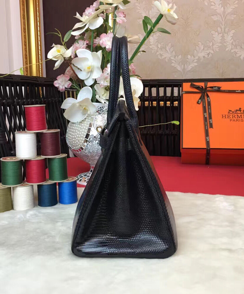 Hermes Birkin 30 Rouge Exotic Lizard Bag Black