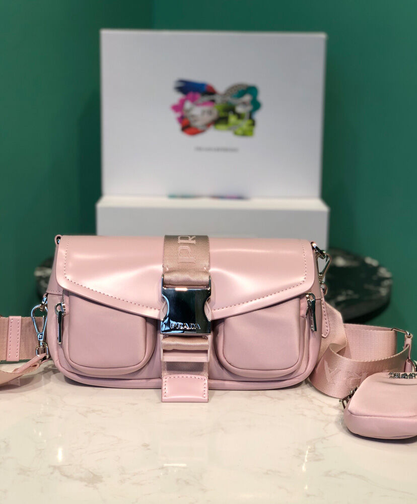 Prada Pocket Nylon And Brushed Leather Bag 1BA896 Pink