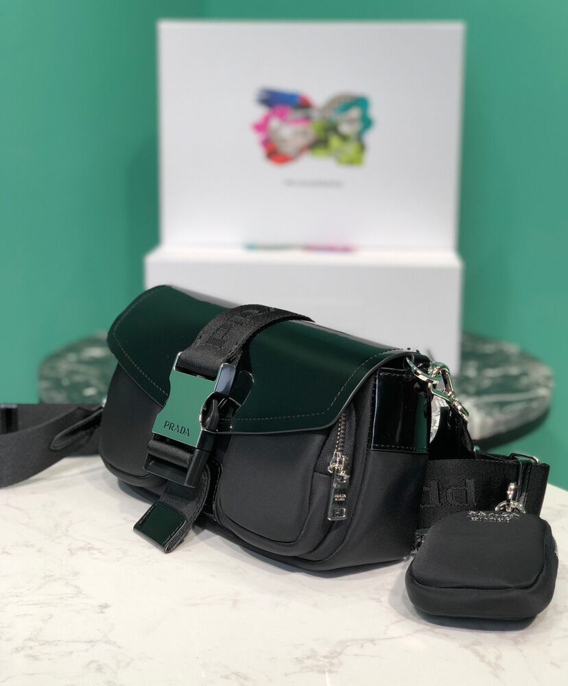 Prada Pocket Nylon And Brushed Leather Bag 1BA896 Black