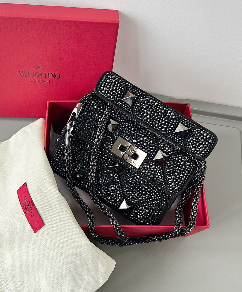 Valentino Small Roman Stud The Shoulder Bag And Chain With Sparkling Embroidery Black