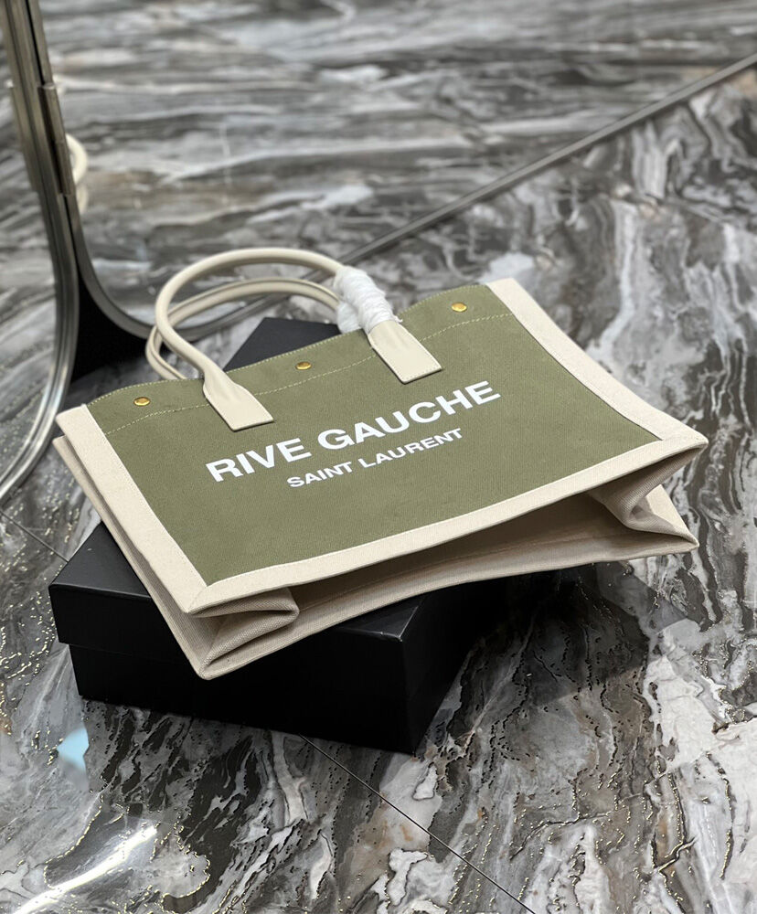 Saint Laurent Rive Gauche Small Tote Bag In Linen And Leather Green