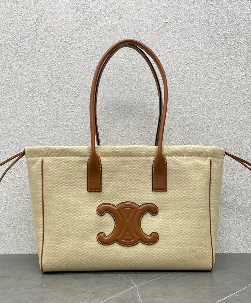 Celine Cabas Drawstring Cuir Triomphe In Textile And Calfskin Cream