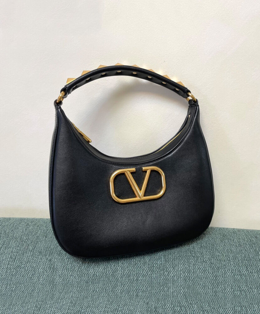 Valentino Stud Sign Calfskin Hobo Bag Black
