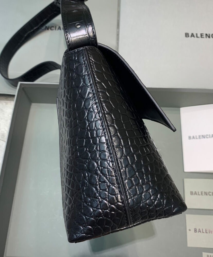 Balenciaga Downtown Small Shoulder Bag With Chain Crocodile Embossed Black