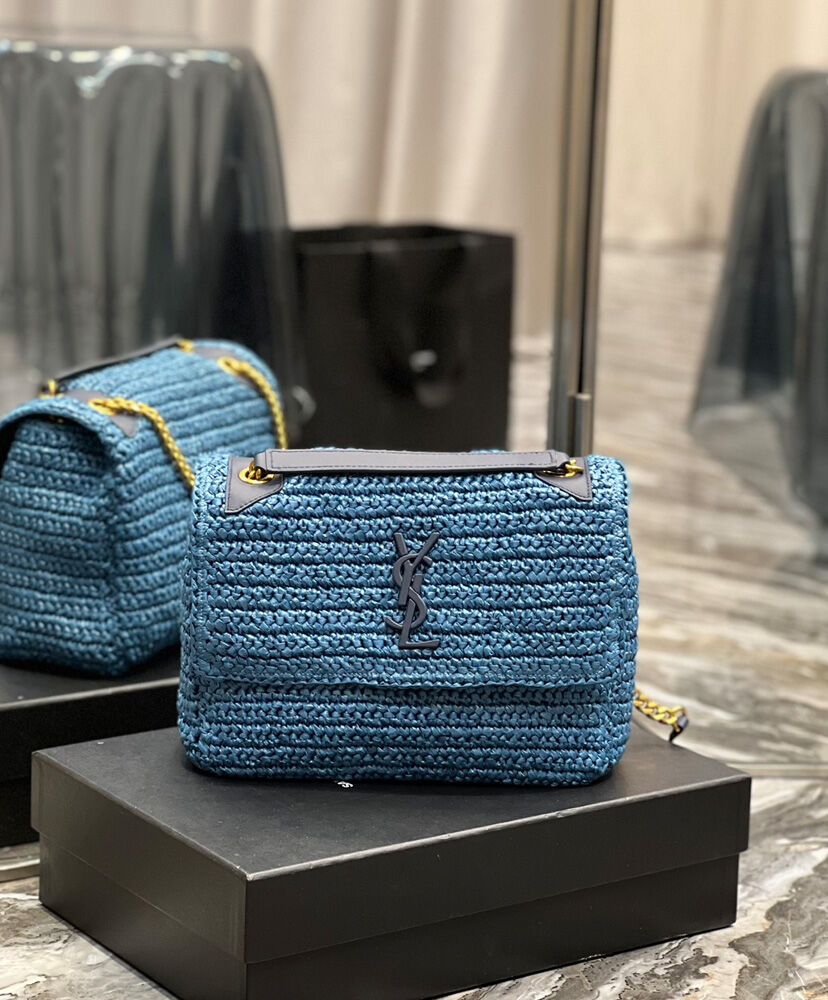 Saint Laurent Niki Medium Chain Bag In Raffia And Leather Blue