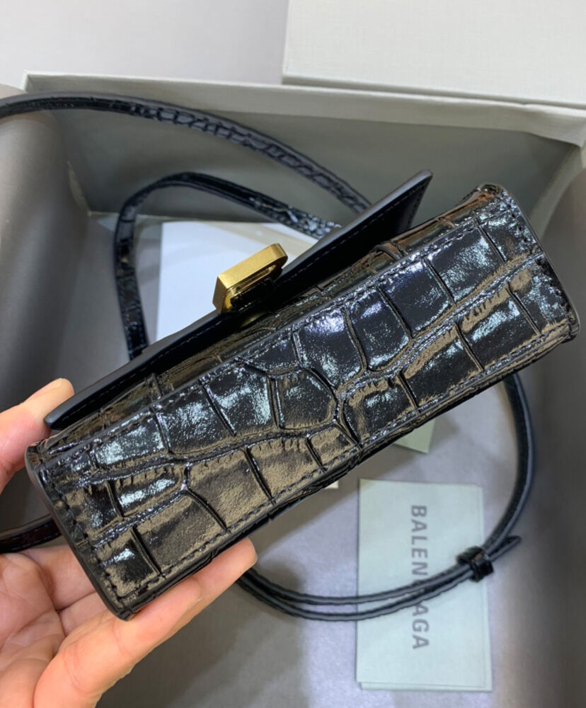 Balenciaga Hourglass Mini Handbag With Chain Crocodile Embossed Black