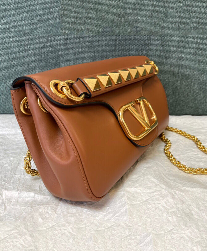 Valentino Stud Sign Nappa Shoulder Bag Coffee