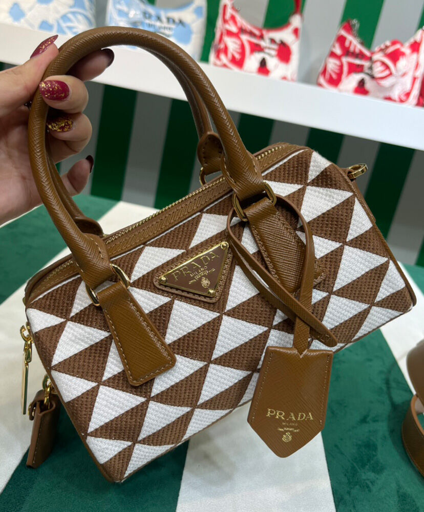 Prada Symbole Embroidered Jacquard Fabric Top-handle Bag Coffee