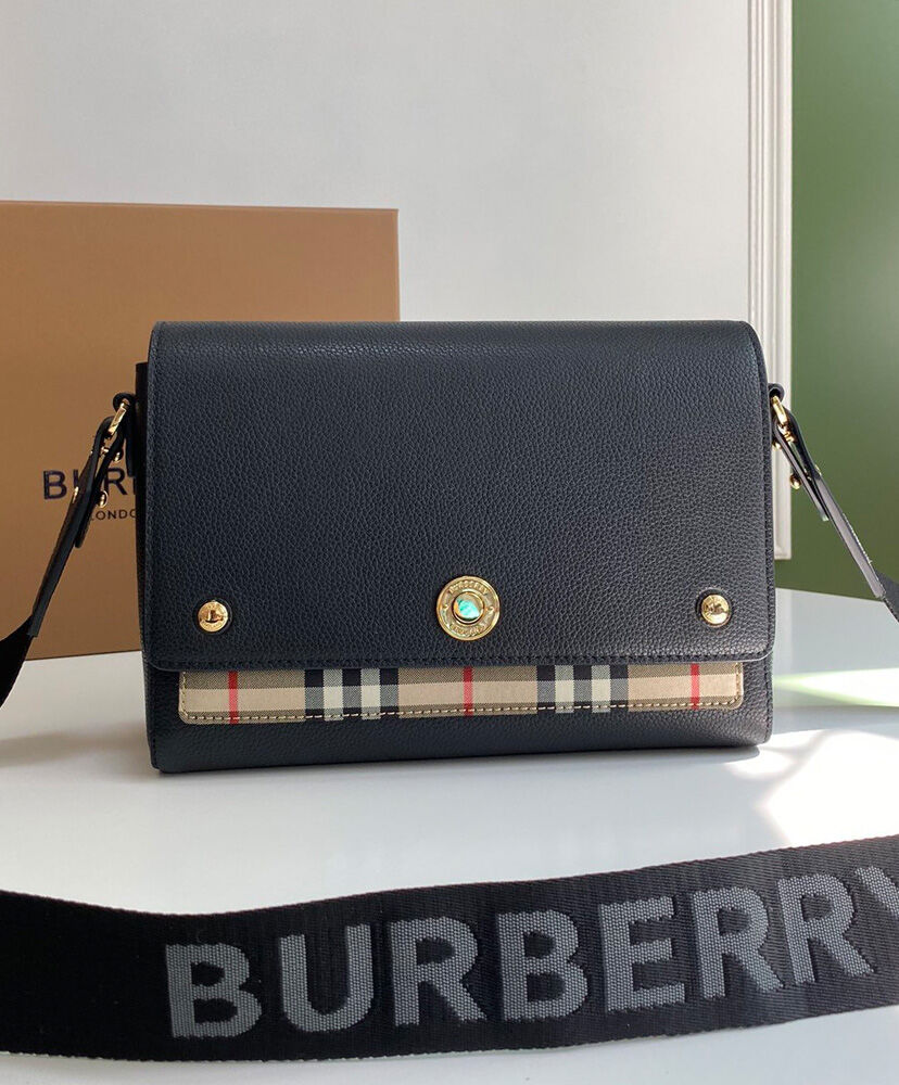 Burberry Leather and Vintage Check Note Crossbody Bag Black