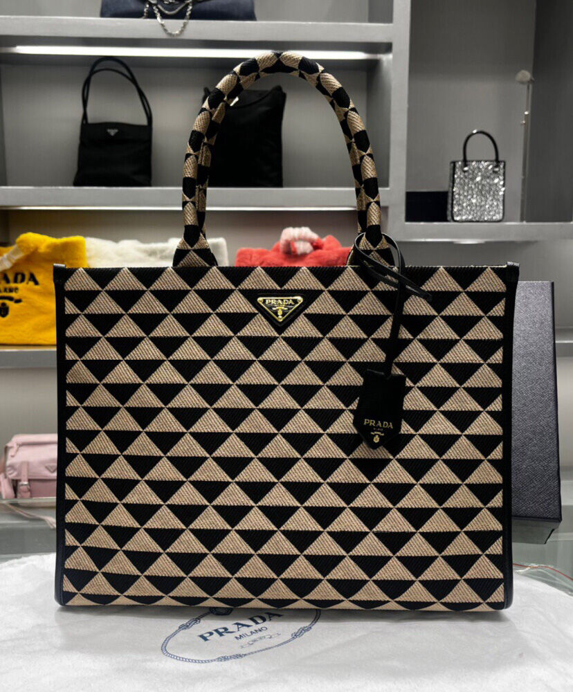 Prada Large Symbole Jacquard Fabric Handbag Black