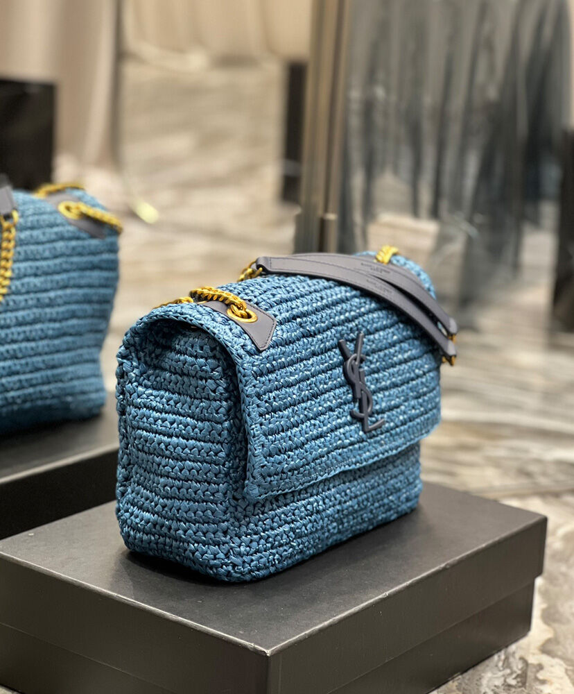 Saint Laurent Niki Medium Chain Bag In Raffia And Leather Blue