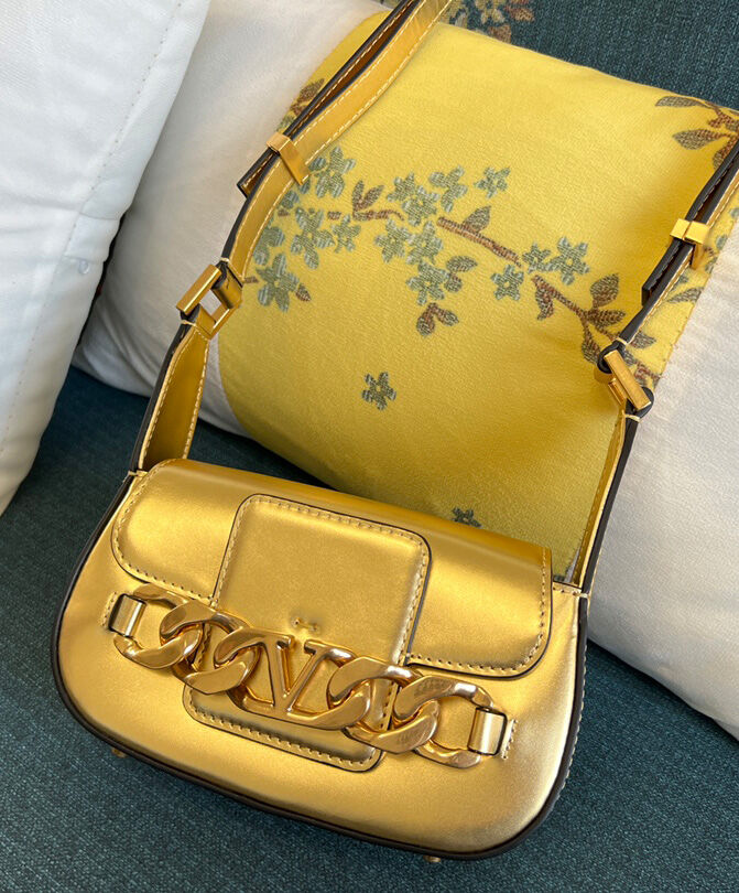 Valentino Vlogo Chain Small Laminated Nappa Shoulder Bag Golden