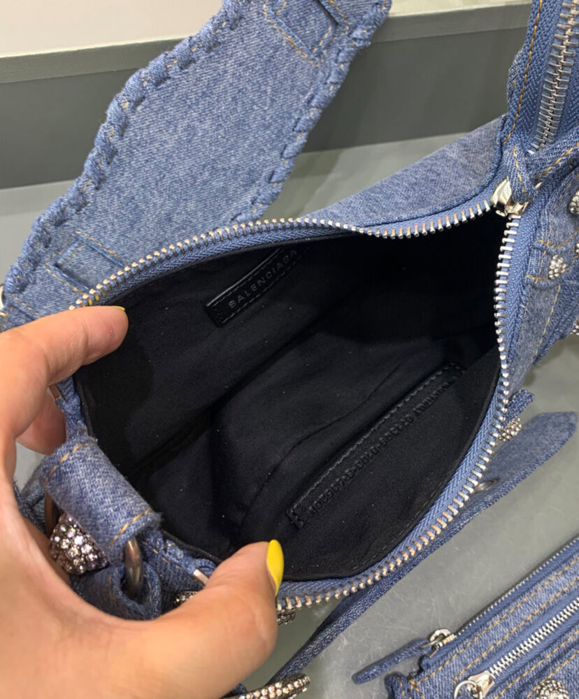 Balenciaga Le Cagole Shoulder Bag In Denim With Rhinestone Blue