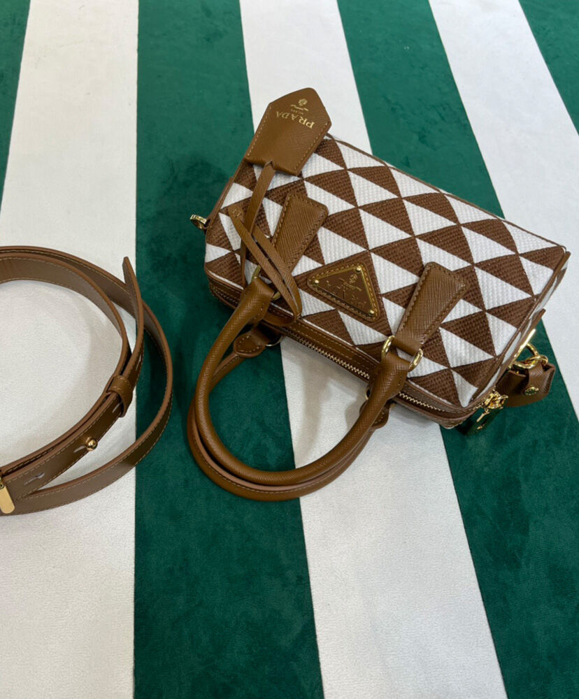 Prada Symbole Embroidered Jacquard Fabric Top-handle Bag Coffee