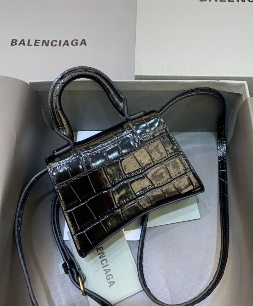 Balenciaga Hourglass Mini Handbag With Chain Crocodile Embossed Black