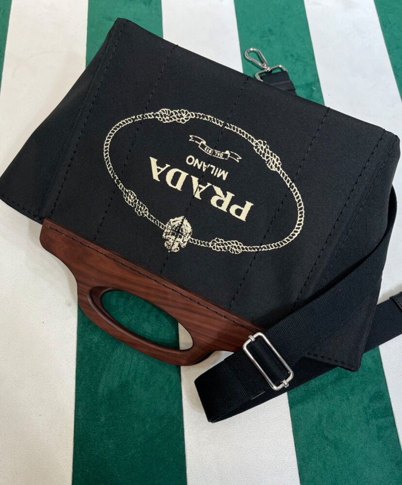 Prada Wooden Handle Canvas Tote Bag Black