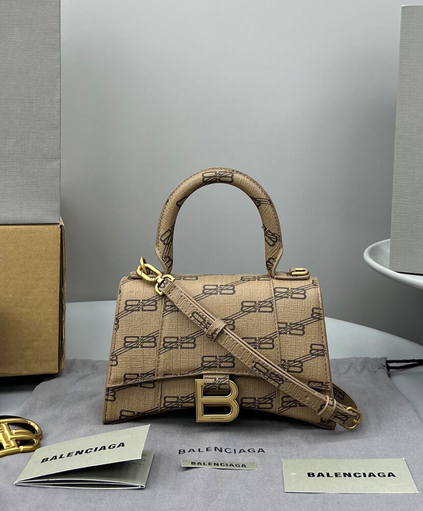 Balenciaga Hourglass XS Handbag BB Monogram Coated Canvas Apricot