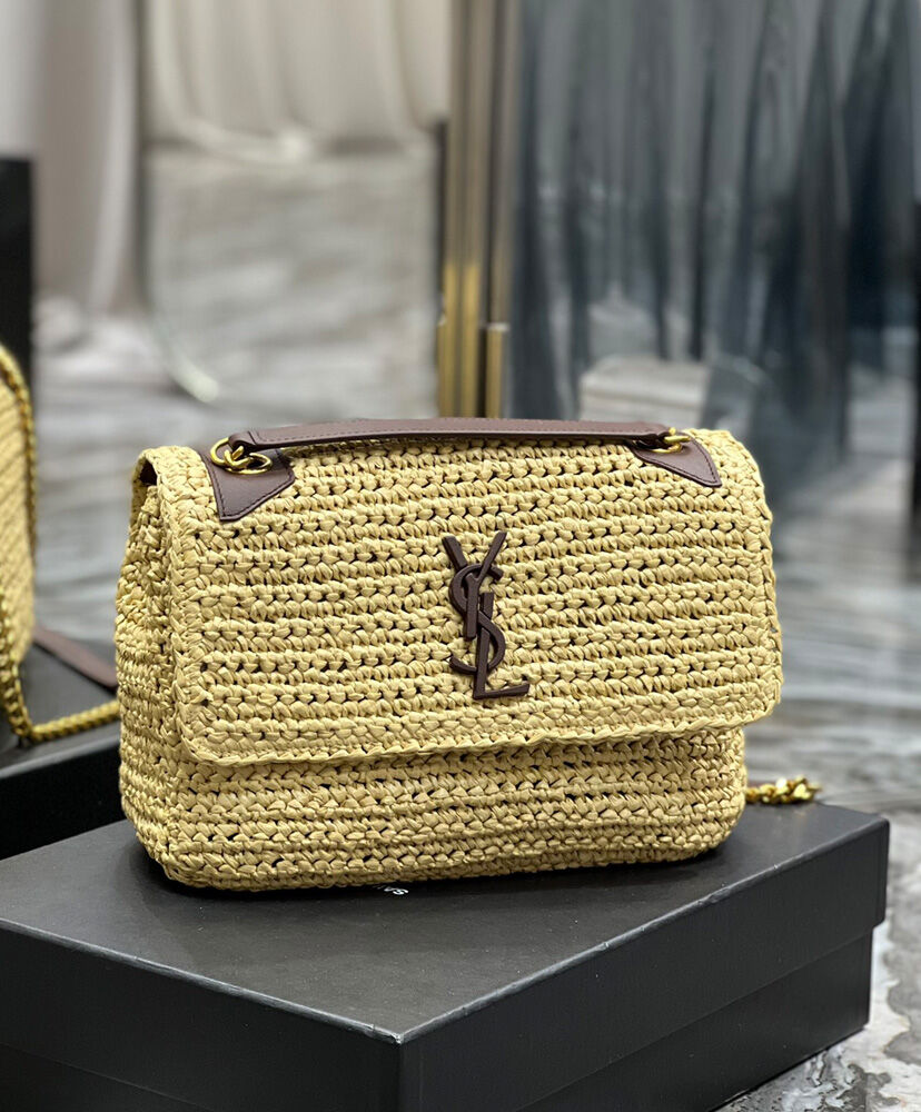 Saint Laurent Niki Medium Chain Bag In Raffia And Leather Apricot
