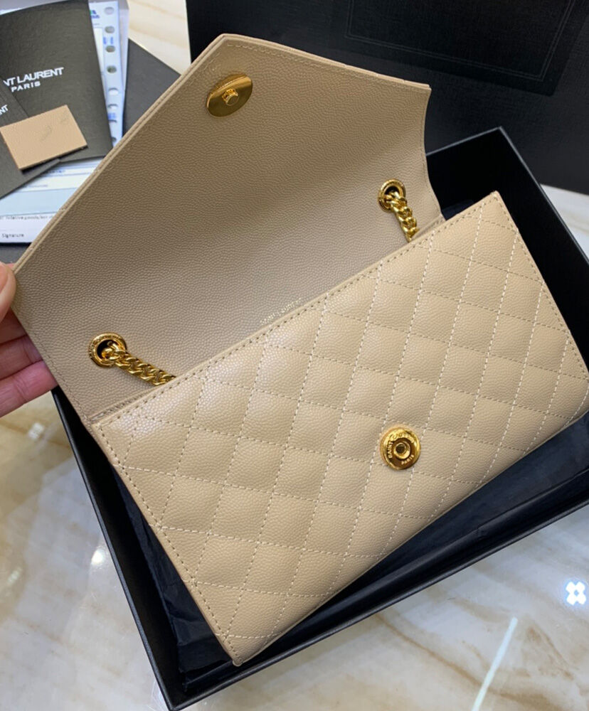 Saint Laurent Envelope Small Bag In Mix Quilted Grain De Poudre Embossed Leather Apricot