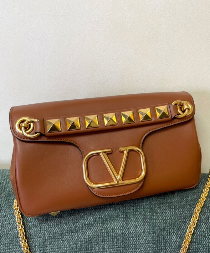 Valentino Stud Sign Nappa Shoulder Bag Coffee